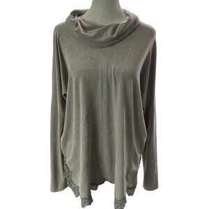MARC CAIN Women Turtleneck Faux Suede Top Long Sleeve Lace Hem Sz M Gray 26-16